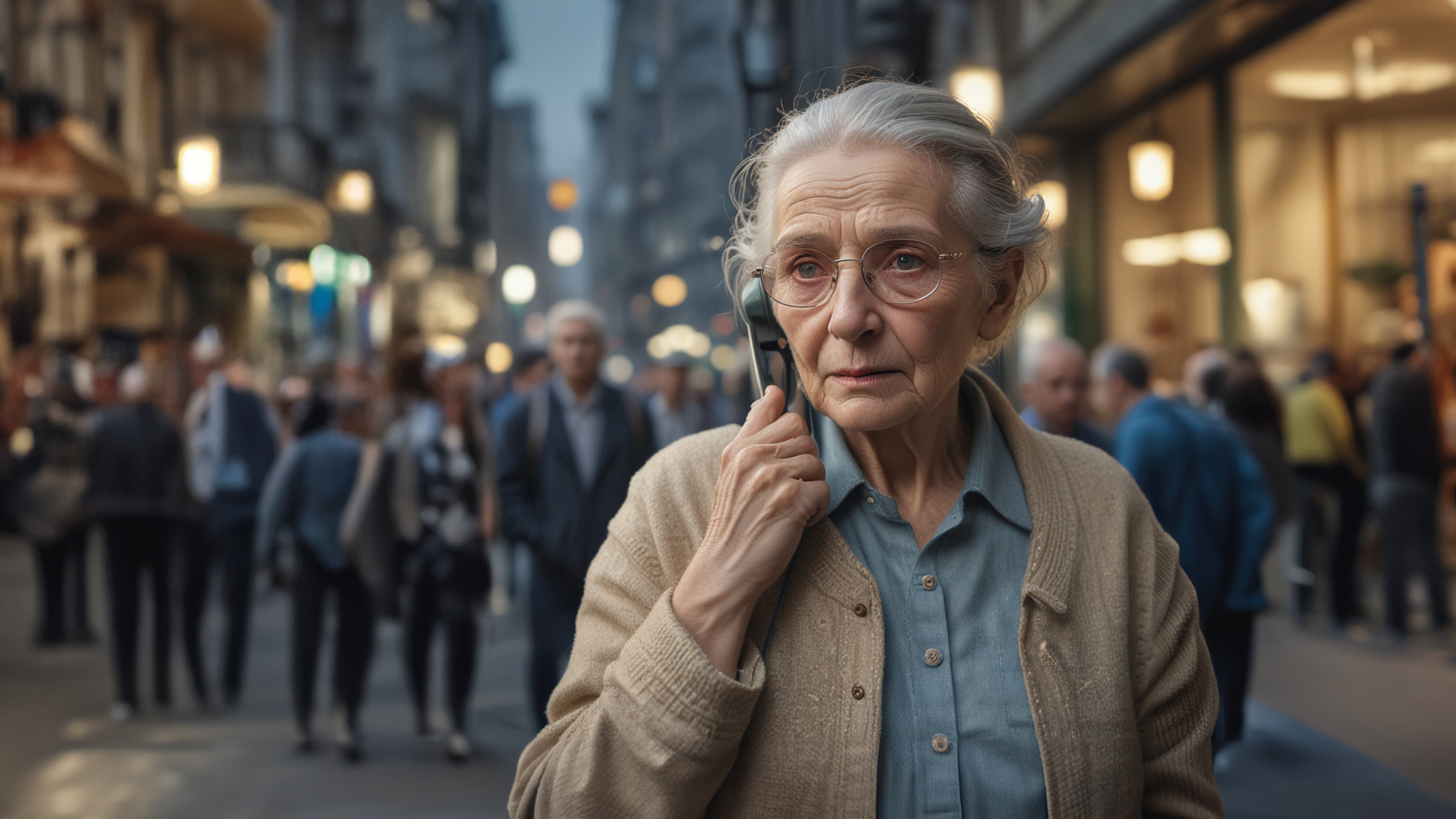 Une femme âgée se tient dans la rue et est au téléphone